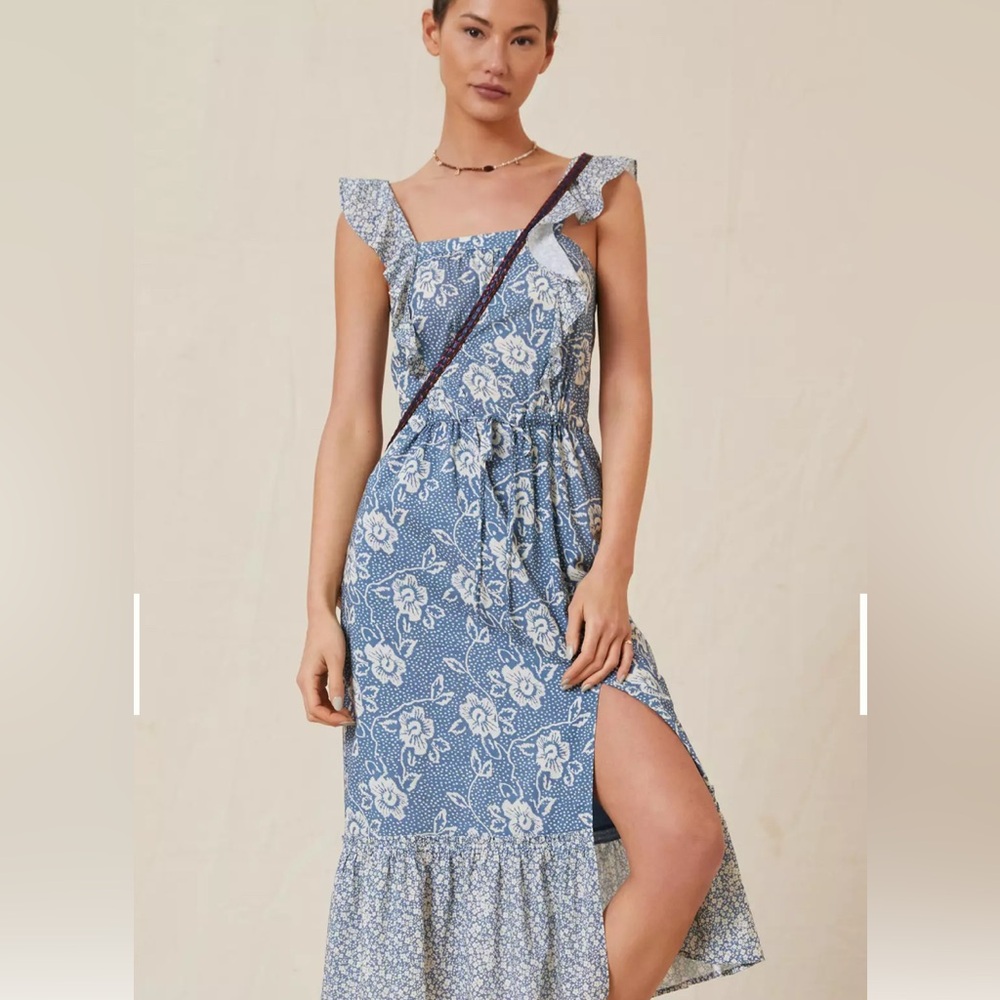PAIGE Poppy Floral Cotton Blend Blue Midi Dress. Lined.Excellent Condition. Sz M